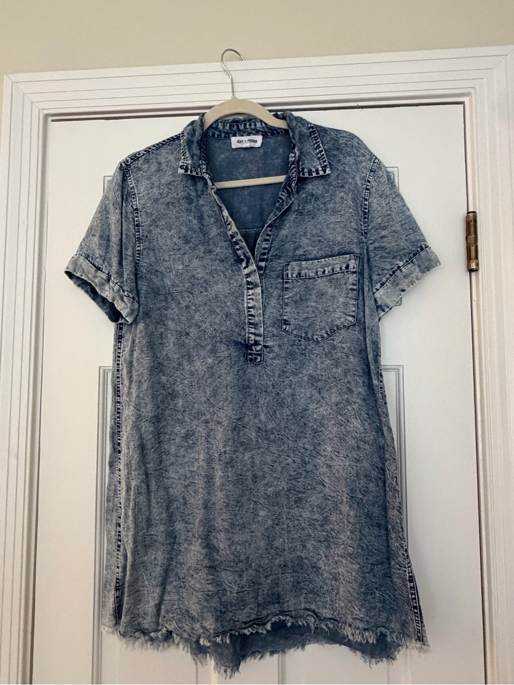Washed Blue Denim-Look Mini Dress with Collar